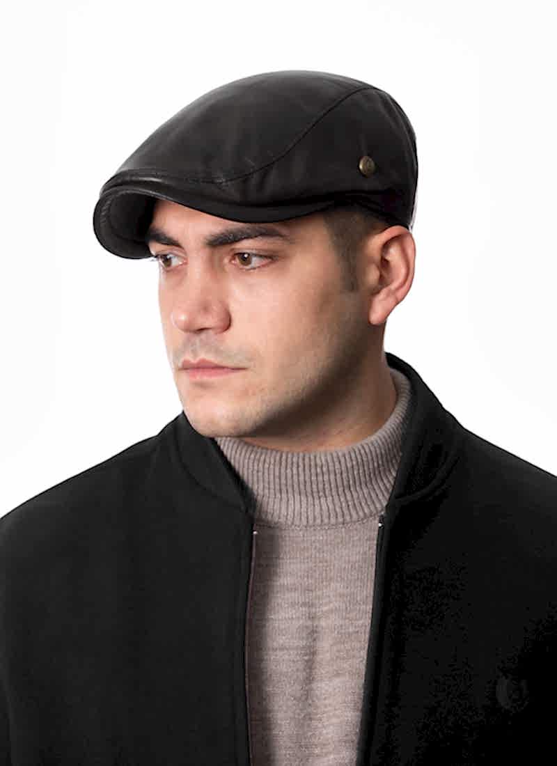 Siyah Deri Spor Erkek Kasket Şapka