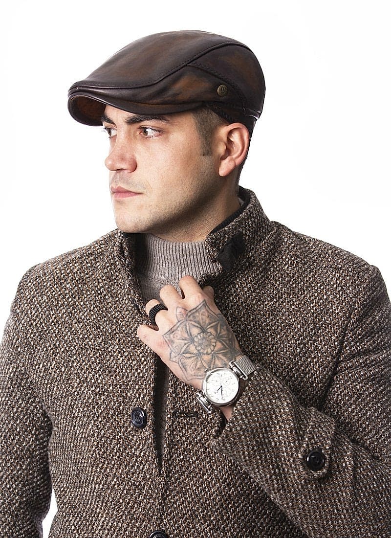 Gri Renk İtaly Model Erkek Deri  Kasket Şapka