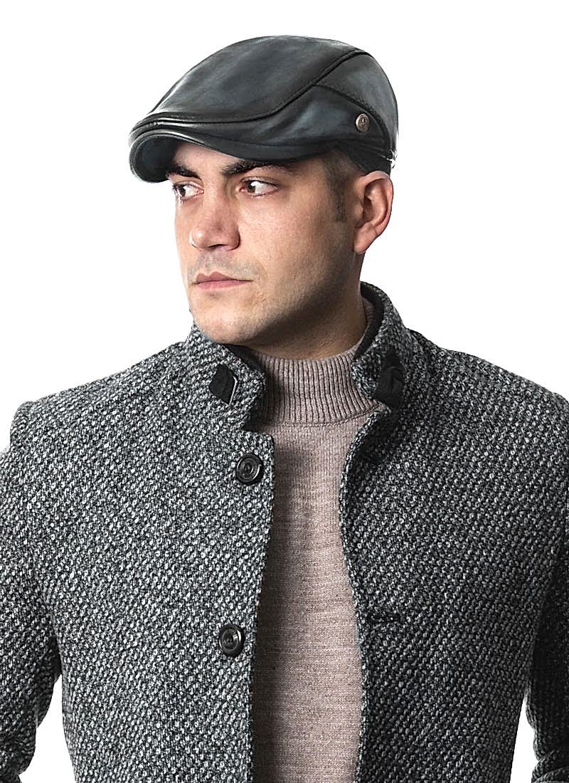 Gri Renk İtaly Model Erkek Deri  Kasket Şapka