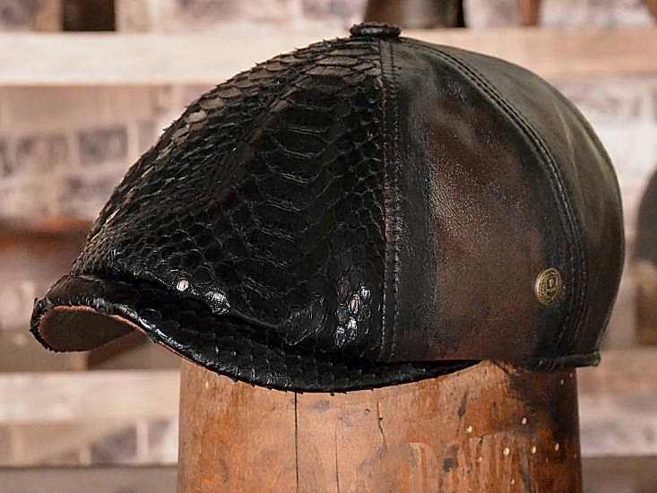 Kahverengi Yılan Derisi Detaylı Deri İngiliz Erkek Kasket Şapka