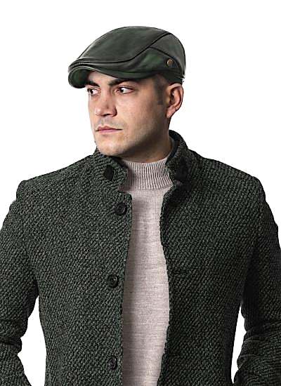 Haki Renk Deri İtaly Kasket Şapka