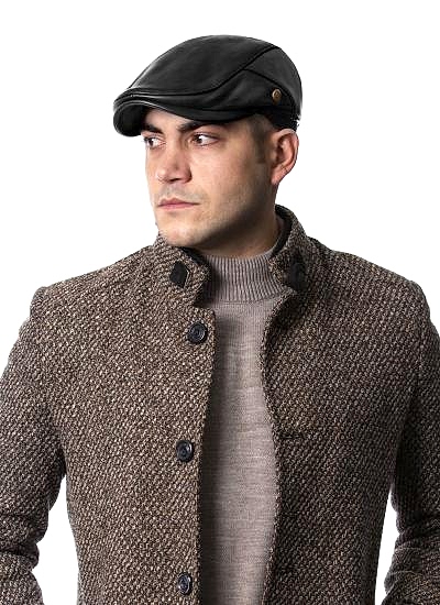 Siyah Özel Dikim İtaly Model Deri Erkek Kasket Şapka