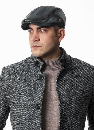 Gri Renk İtaly Model Erkek Deri  Kasket Şapka